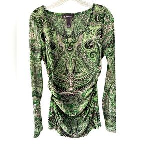 INC Green Paisley Mesh Long Sleeve Blouse with Sequin Neckline and Ruching